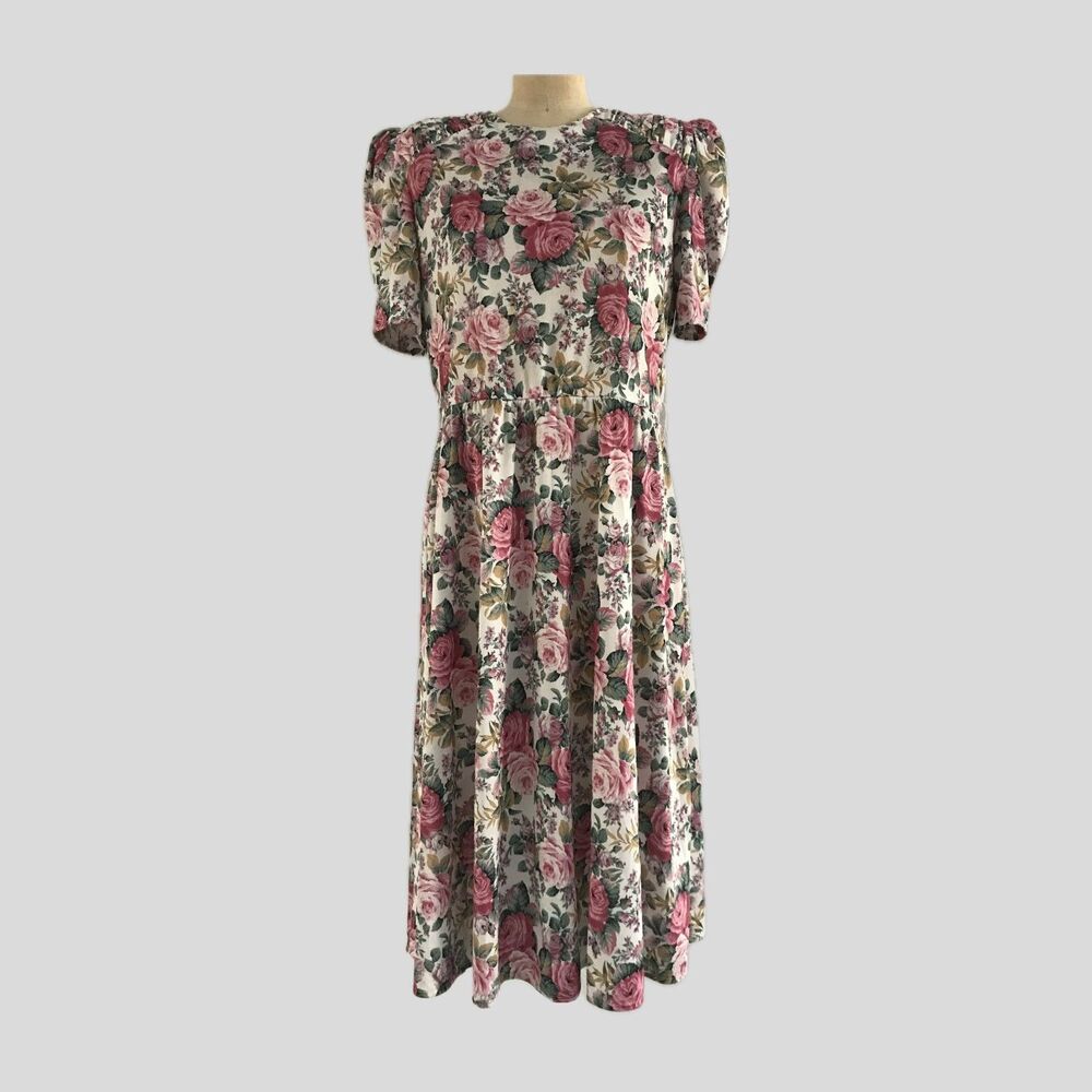 Vintage 80s Pink White Rose Floral Satin Midi Dress Cottagecore Coquette S/M